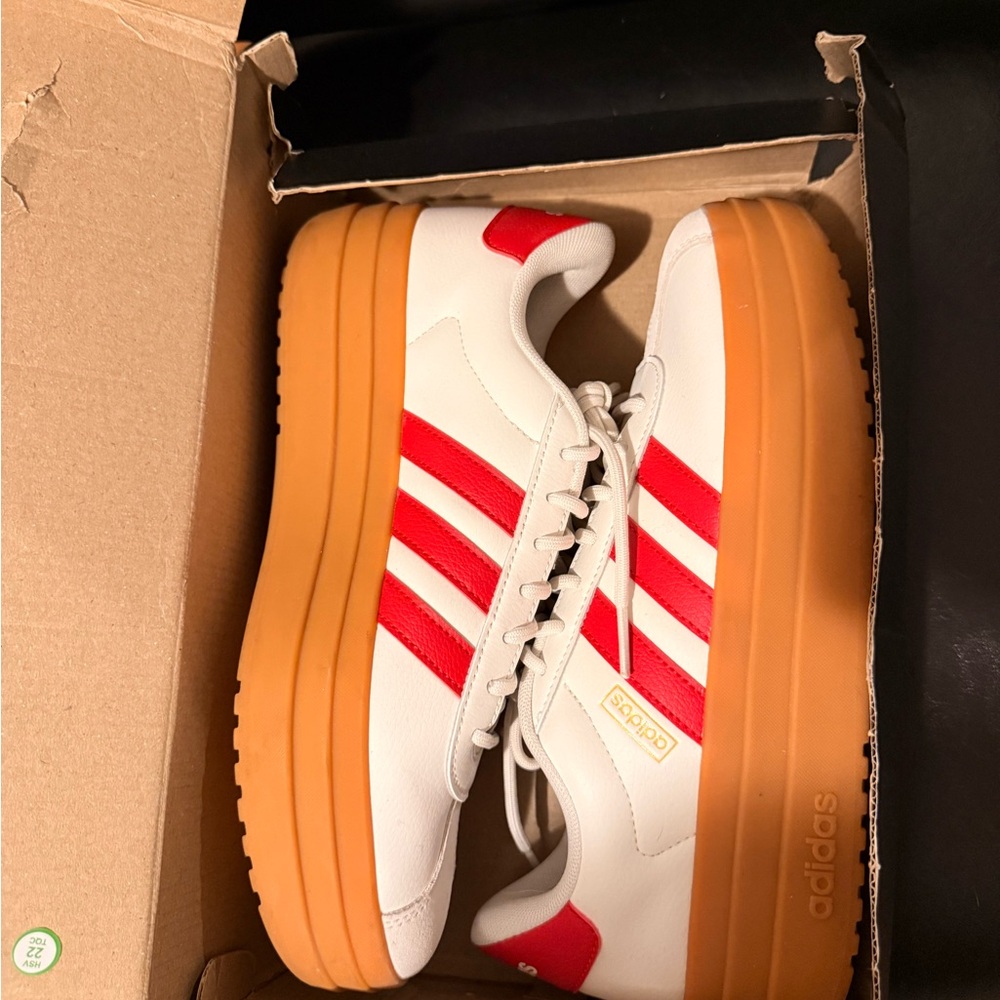 Adidas White and Red Shoes with Bold Orange Soles